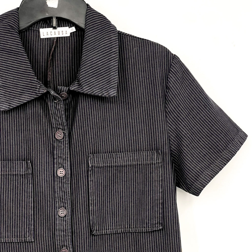 LACAUSA Womens Railroad Lucky Jumpsuit XS Dark Blue Gray Stripe Short Sleeve NWT