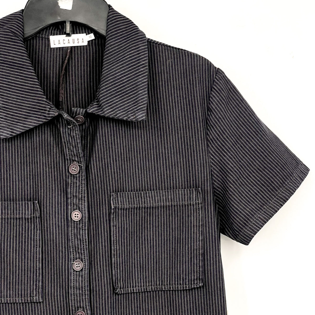 LACAUSA Womens Railroad Lucky Jumpsuit XS Dark Blue Gray Stripe Short Sleeve NWT
