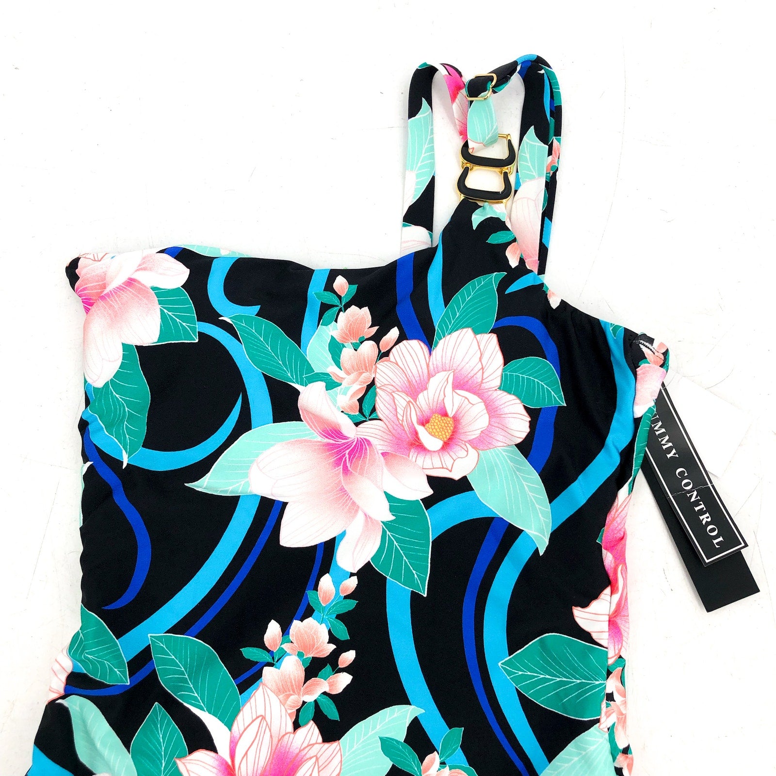 LA BLANCA One Shoulder One-Piece Size 4 Black Nightfall Blooms Tummy Control NWT