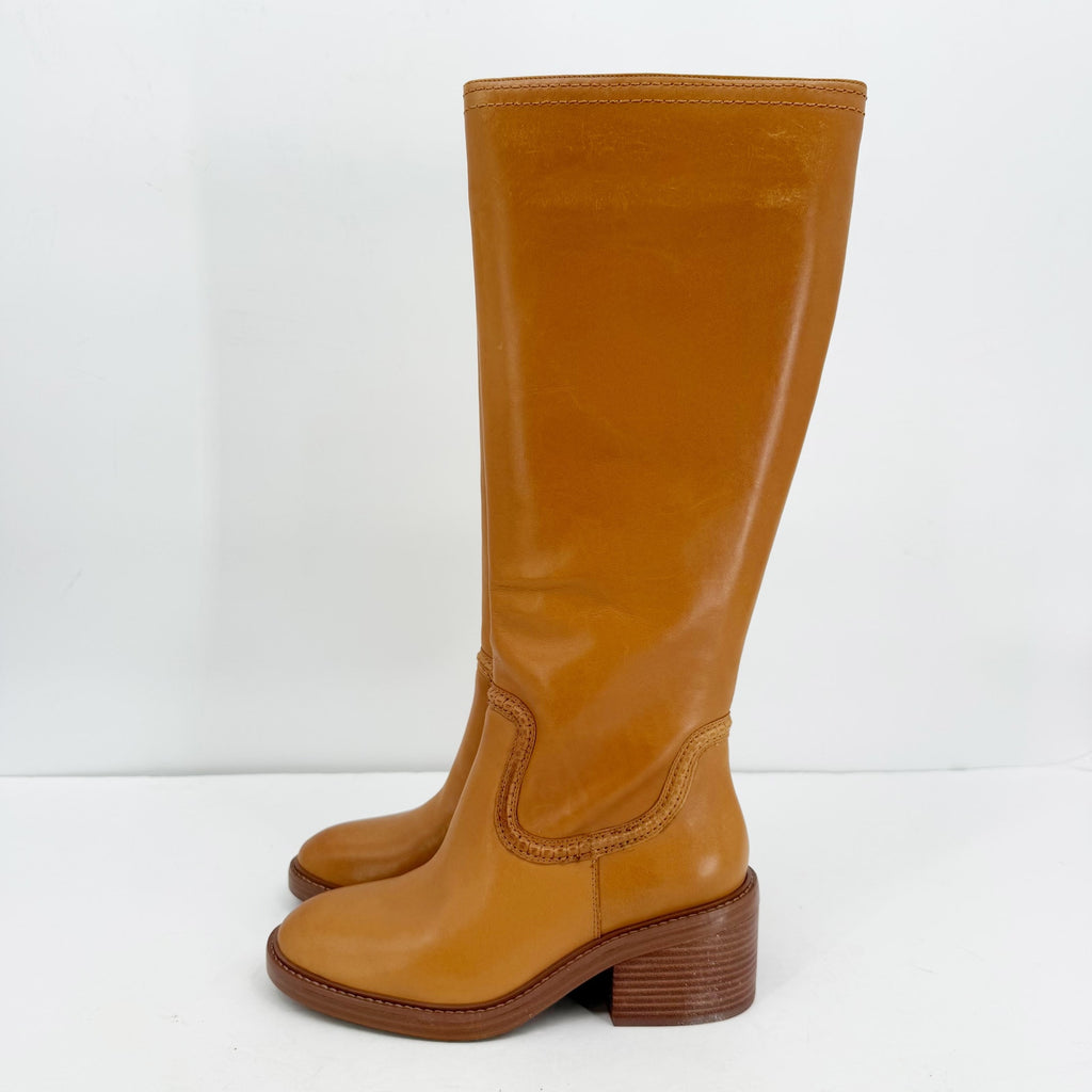 Vince Camuto Womens Vuliann Tall Heeled Boots US 5 M Brown Burnished Leather NIB
