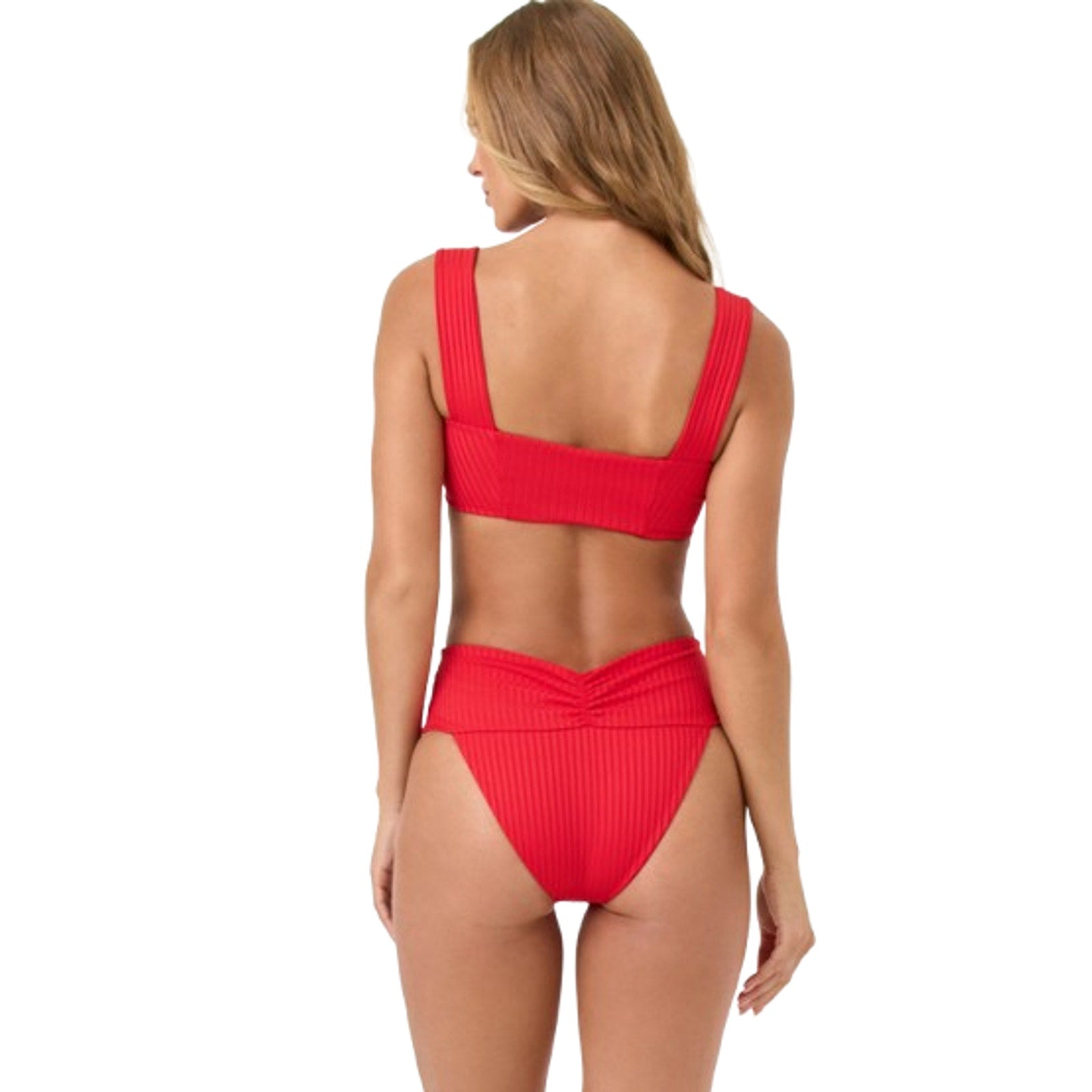L*SPACE Eco Ocean Rib Classic Bardot Bikini Bottom Large Flame Red NWT
