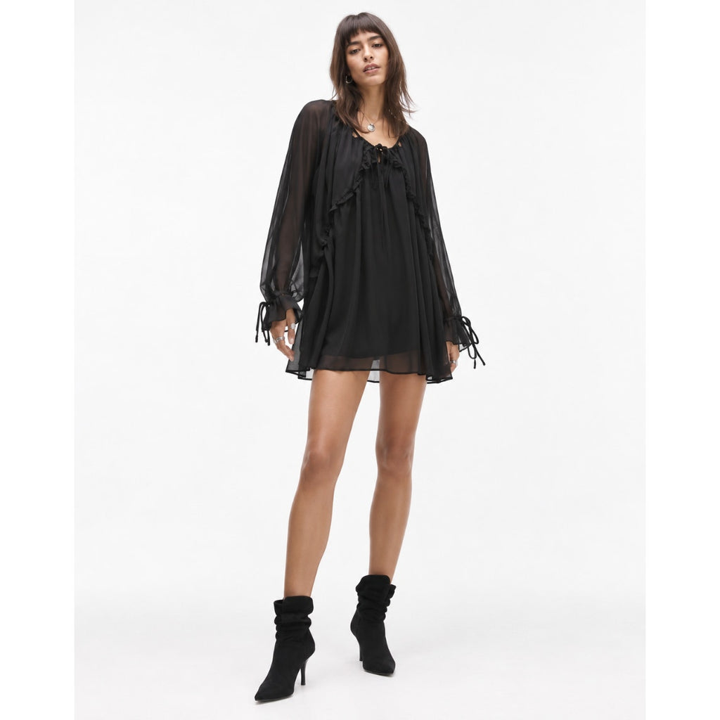 TOPSHOP Women's Cut Out Chuck On Mini Dress Size 6 Black Tie Neck Chiffon NWT