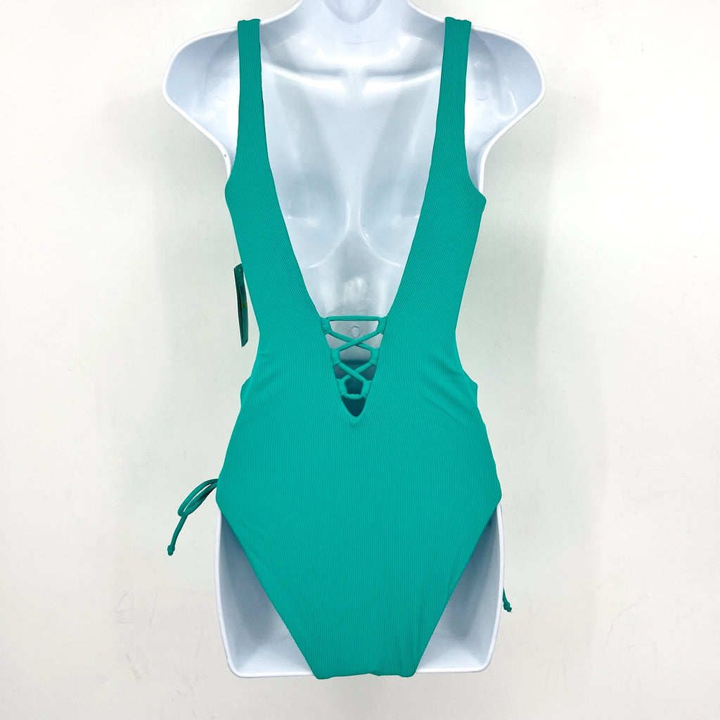 BECCA Modern Edge Sophie One Piece Swimsuit Large Teal Green Lace Up Ribbed NWT