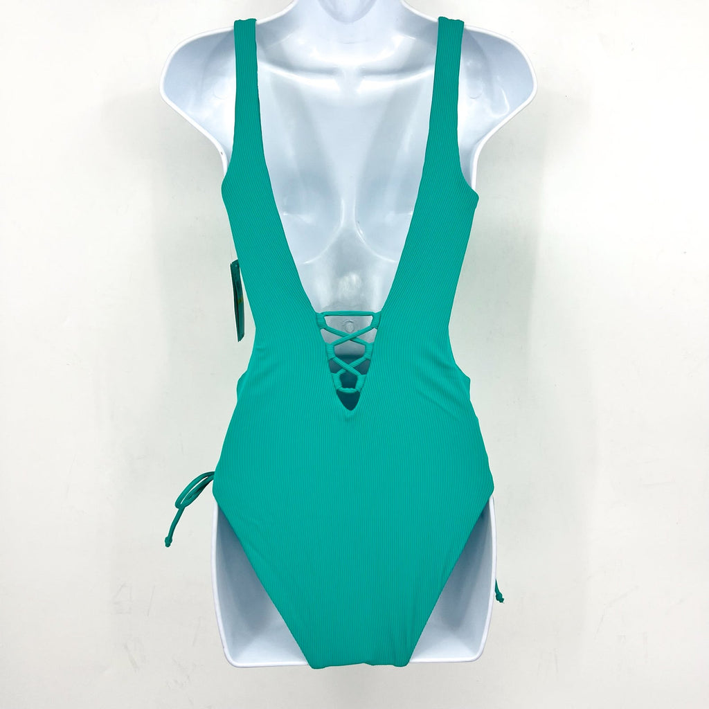 BECCA Modern Edge Sophie One Piece Swimsuit Large Teal Green Lace Up Ribbed NWT