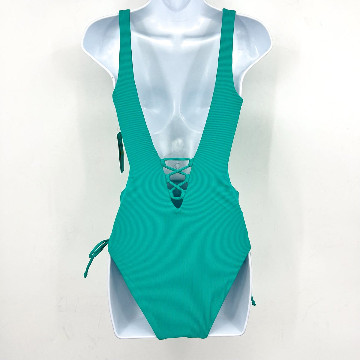BECCA Modern Edge Sophie One Piece Swimsuit Large Teal Green Lace Up Ribbed NWT