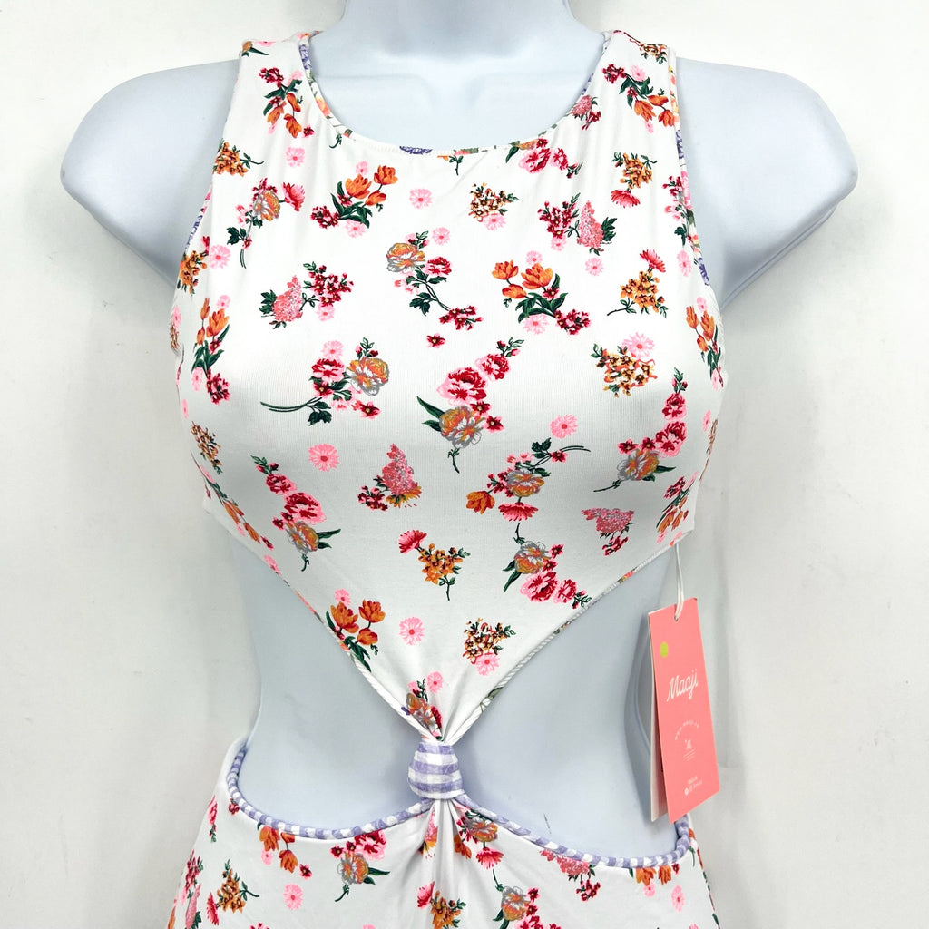 MAAJI Backyard Twist One Piece Swimsuit Girls 12 White Floral Reversible NWT