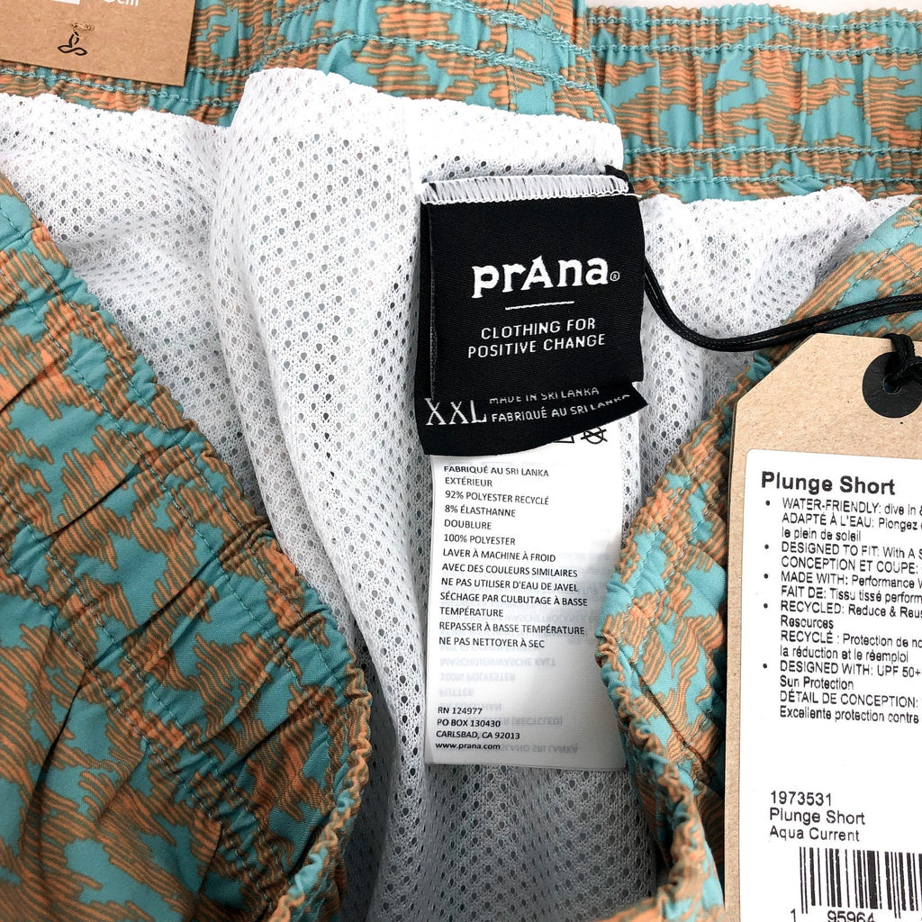 PRANA Men's Plunge Swim Shorts XXL Blue Tan Aqua Current 6" Inseam NWT