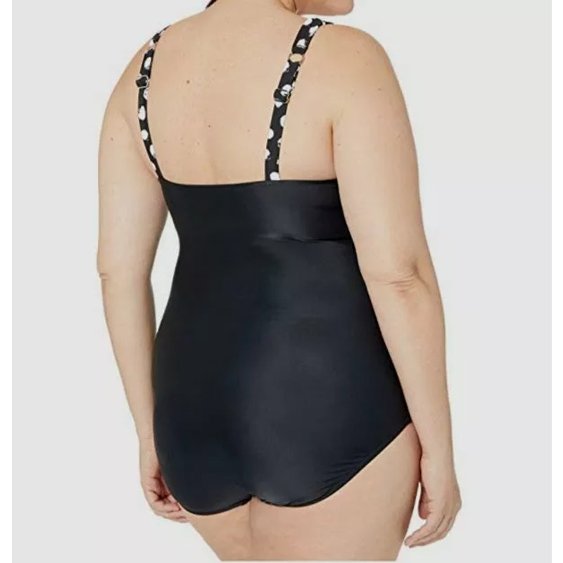 MAXINE OF HOLLYWOOD V-Neck Mio One Piece Swimsuit Size 14 Black White Dot NWT