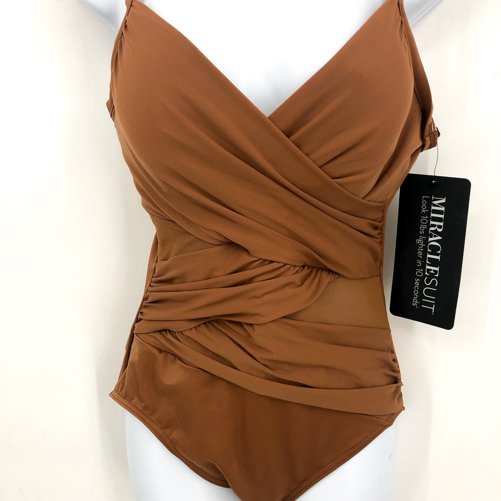 MIRACLESUIT Mystique Mesh One Piece Swimsuit Size 10 Scotch Dark Tan NWT
