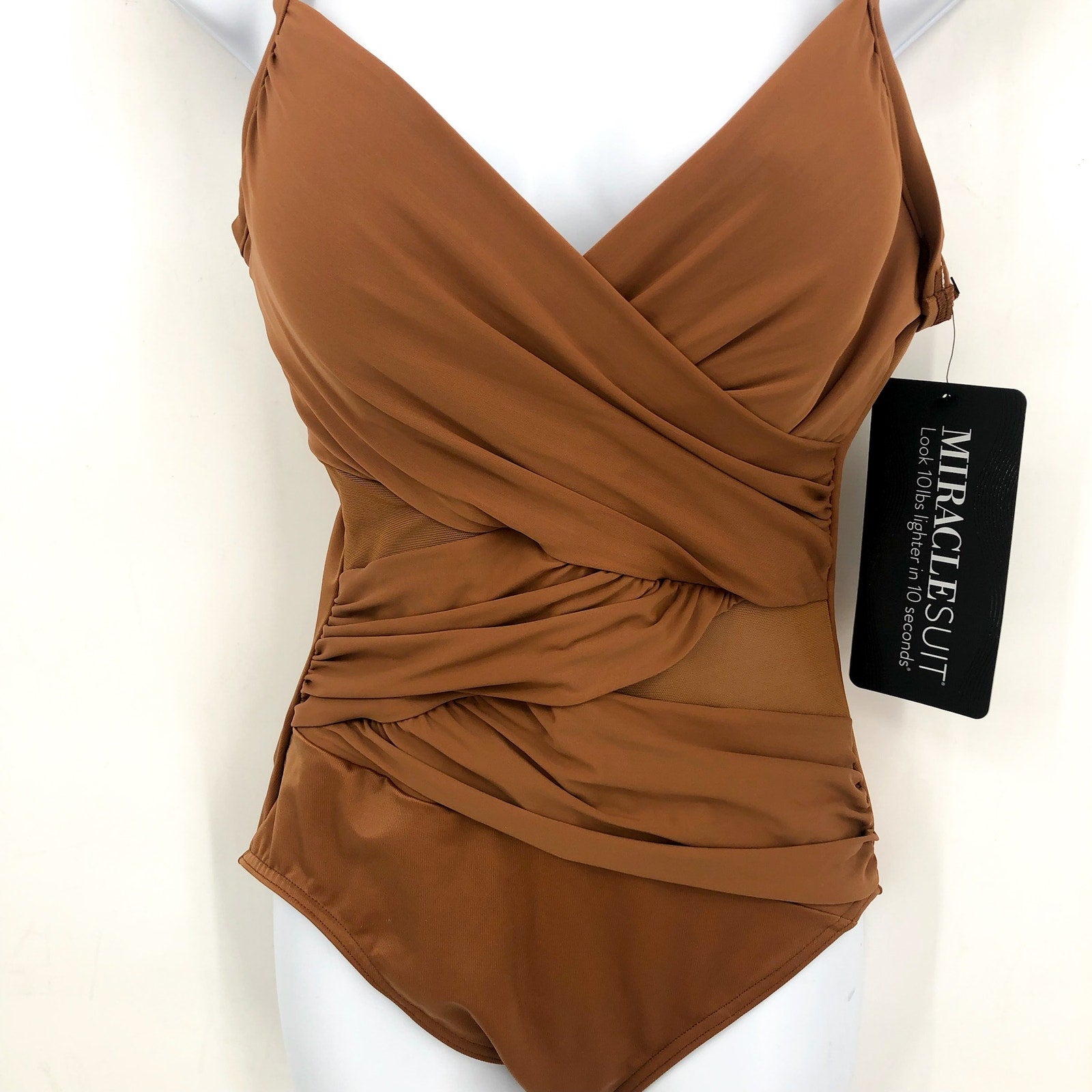 MIRACLESUIT Mystique Mesh One Piece Swimsuit Size 10 Scotch Dark Tan NWT