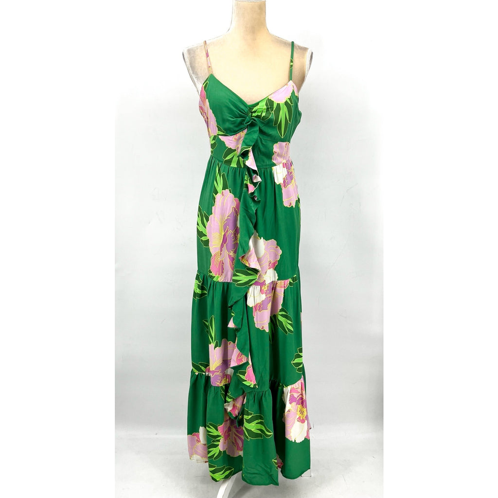 CECE Ruffle-Front Tiered Floral Maxi Dress Large Green Peony Blossom NWT