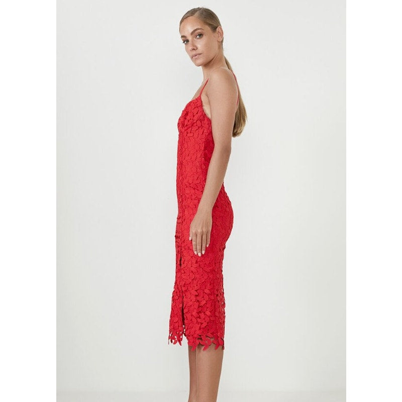 Bardot Ariel Leaf Lace Midi Dress US 6 Small Lipstick Red Spaghetti Straps NWT