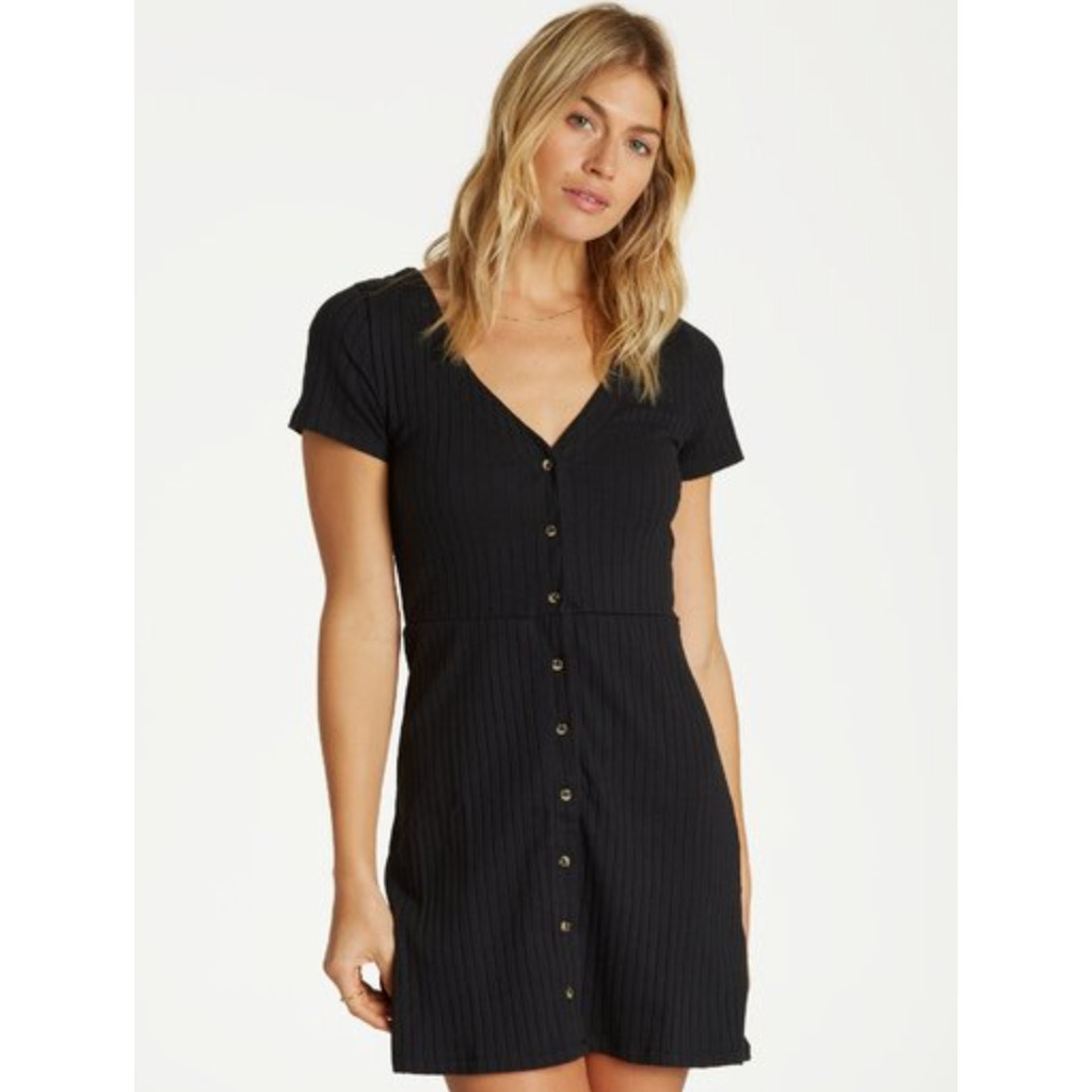 BILLABONG Juniors On With It Mini Button Dress XS Black Short Sleeve NWT