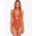 BECCA Womens Skylar Plunge One Piece Swimsuit Small Ginger Orange Color Code NWT