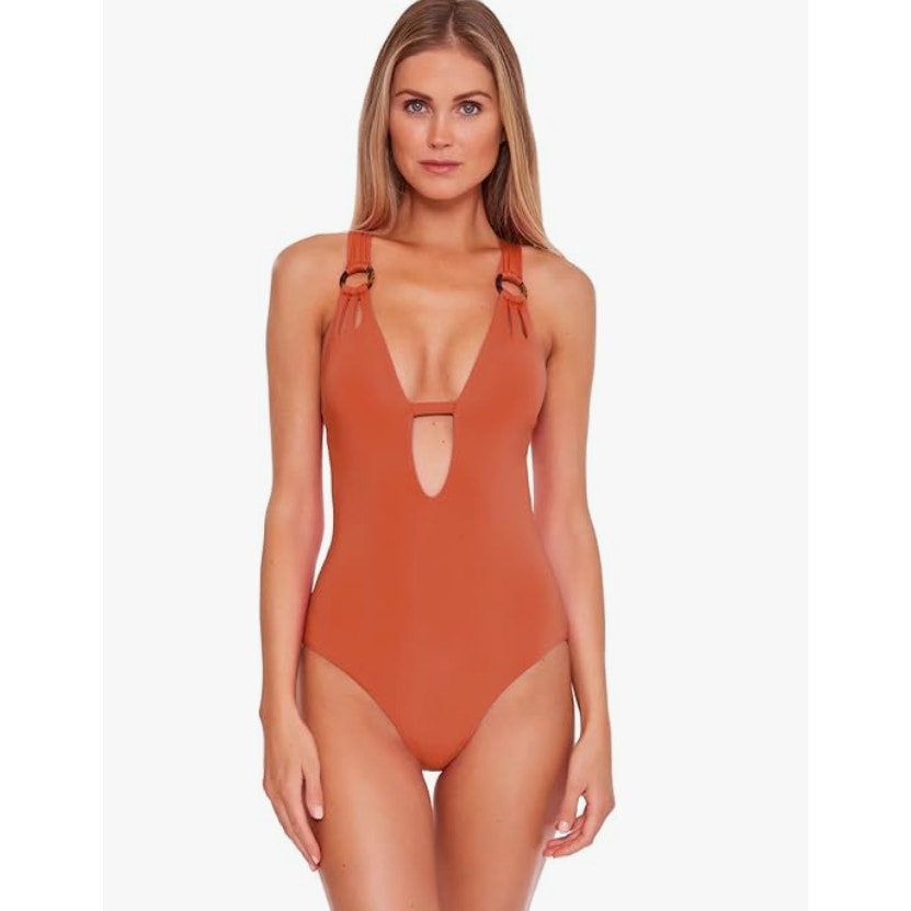 BECCA Womens Skylar Plunge One Piece Swimsuit Small Ginger Orange Color Code NWT