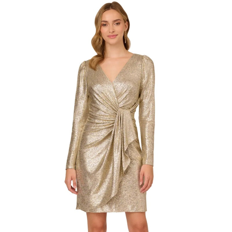 ADRIANNA PAPELL Metallic Foil Faux Wrap Dress Size 16 Light Gold Cocktail NWT