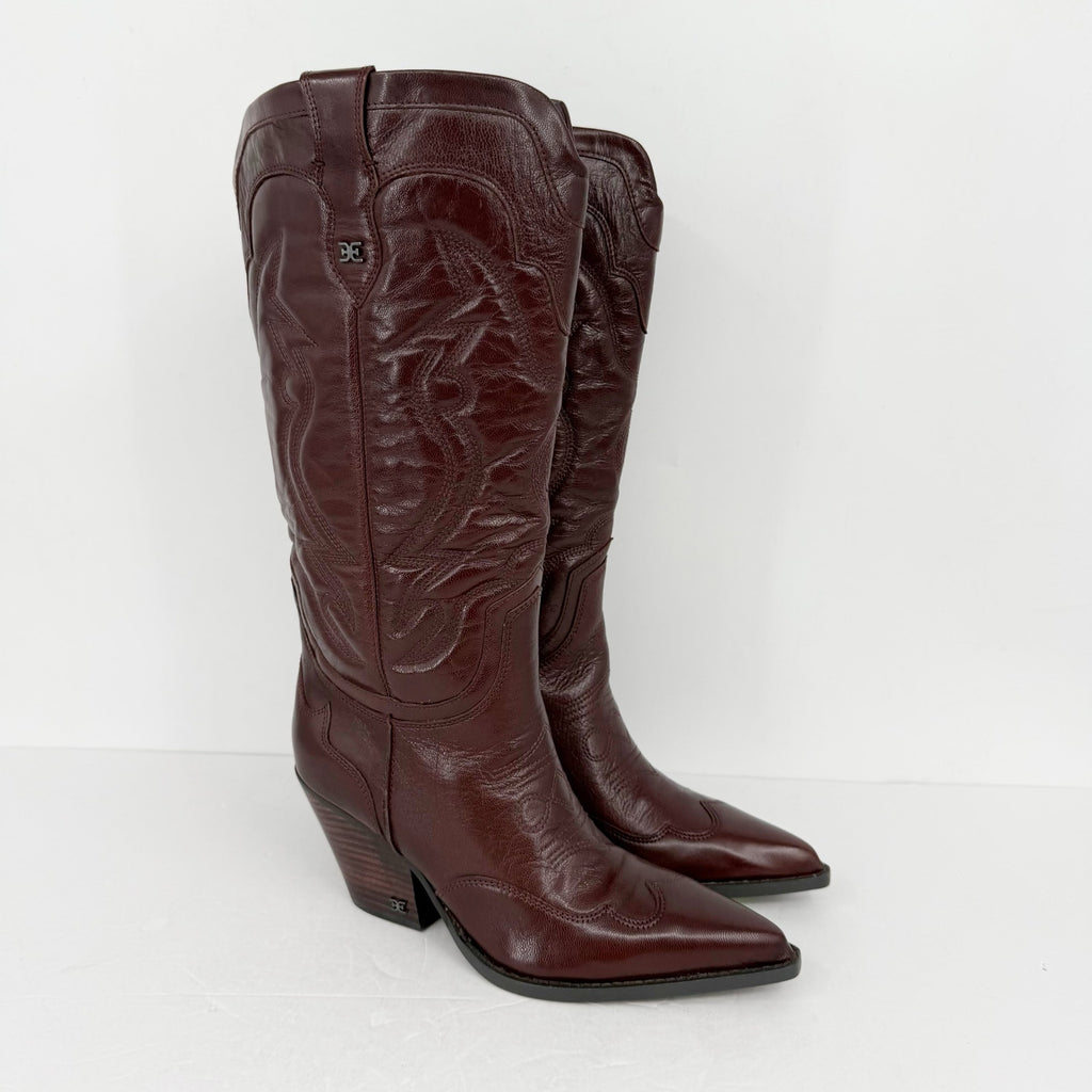 Sam Edelman Women James Western US 9 M Wide Calf Red Brown Burgundy Leather NWOB