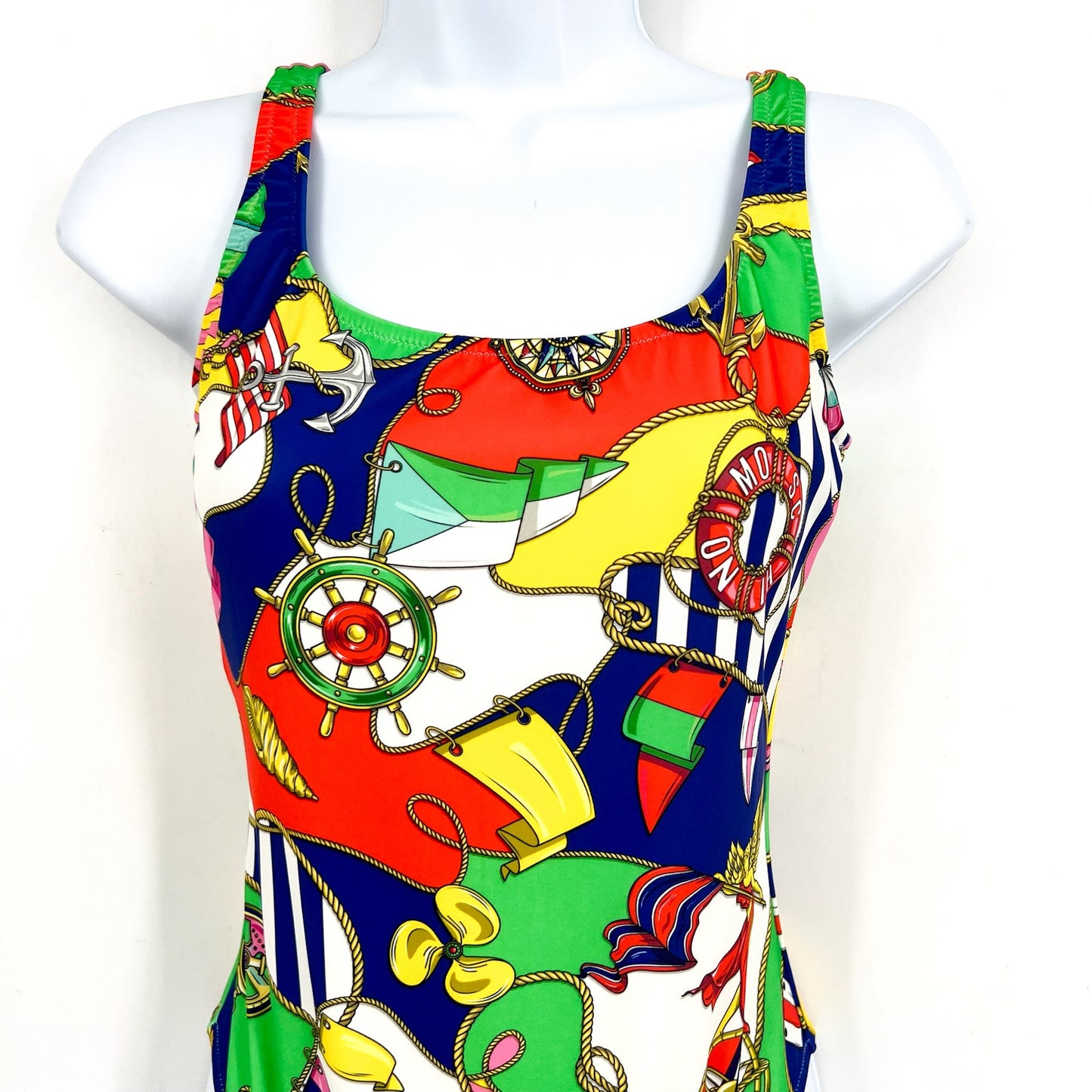 MOSCHINO Women's Allover Nautical Print One Piece Swimsuit Size 6 Red Blue NWOT