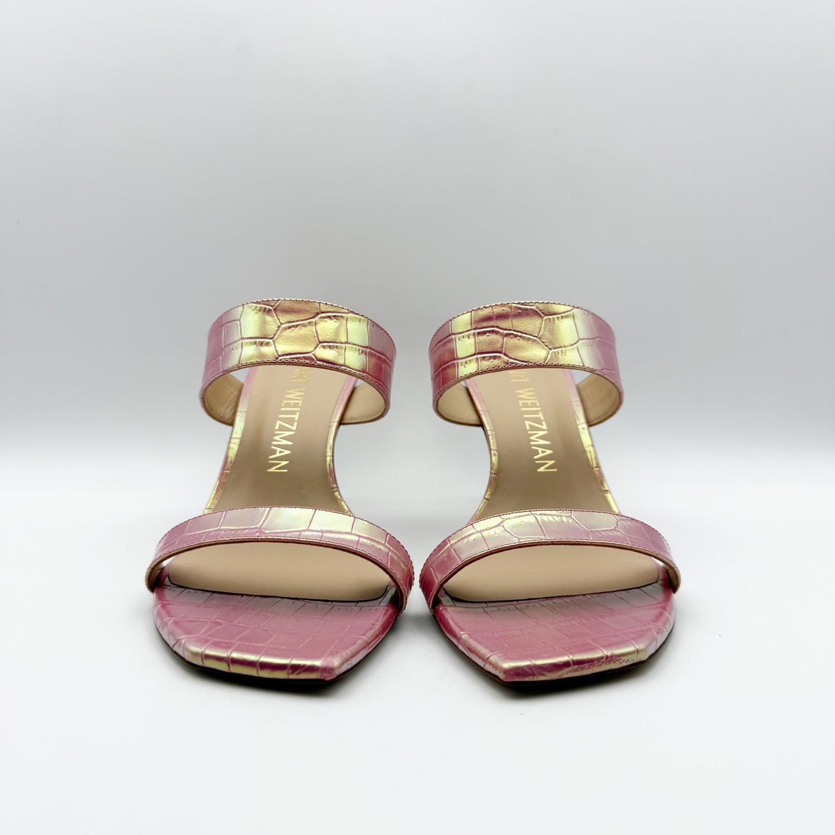 Stuart Weitzman Kristal Heeled Sandals Size 9 M Pink Iridescent Leather NIB