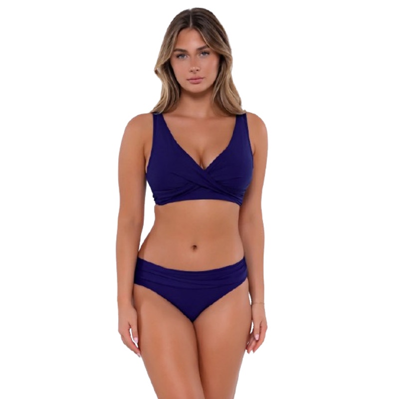 SUNSETS Women's Unforgettable Brief Bikini Bottom Large Indigo Blue Shirred NWT