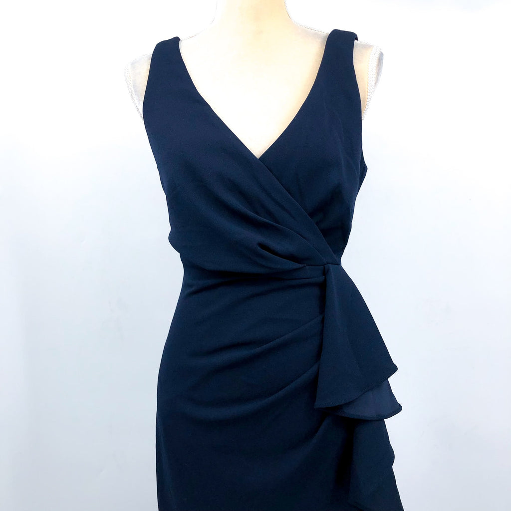 BETSY & ADAM Candace Long Cascade Dress 10 Navy Blue V- Neck Hi Low Crepe NWOT