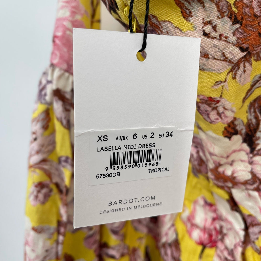 BARDOT Womens Labella Midi Dress US 2 XS Tropical Yellow Floral-Print Halter NWT