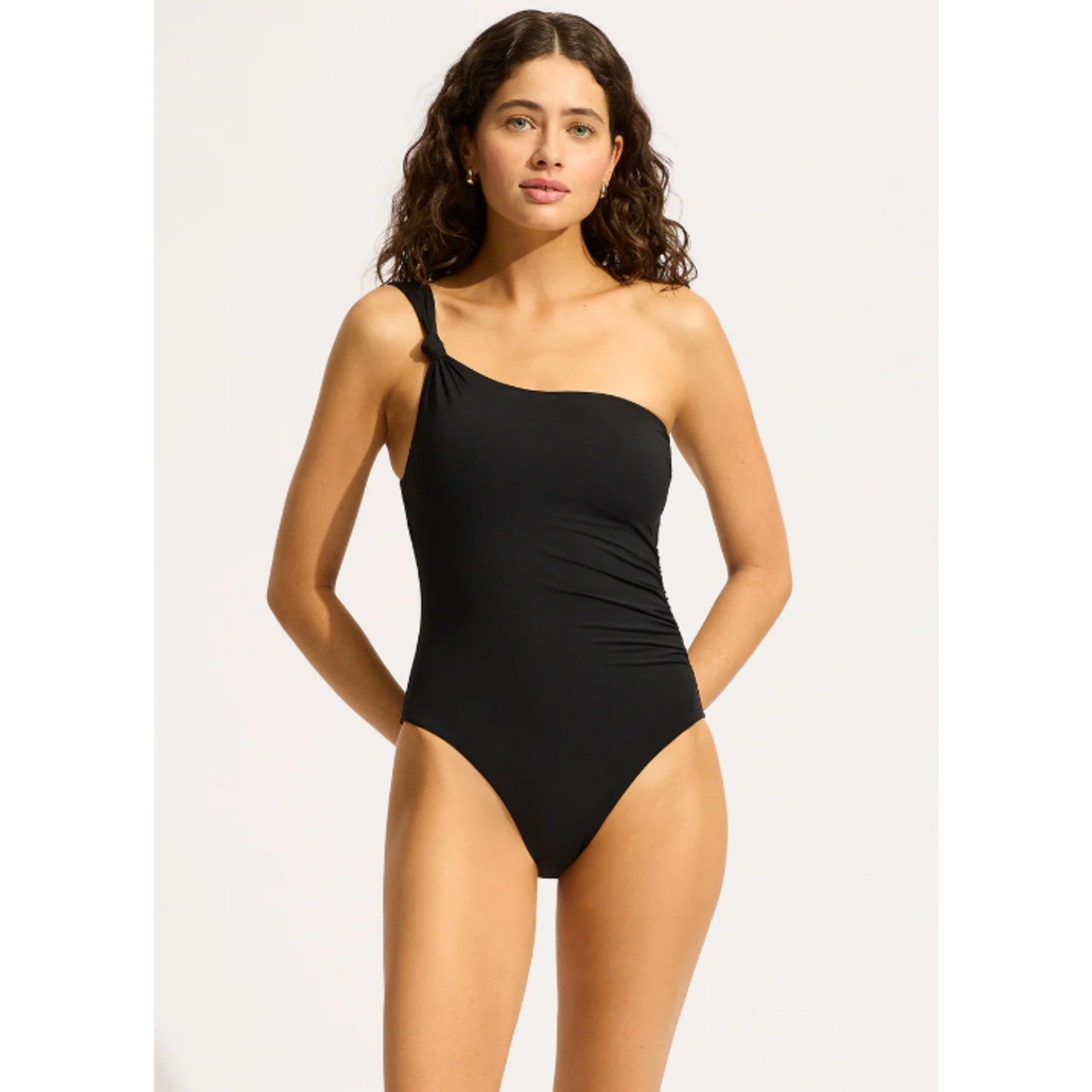 SEAFOLLY COLLECTIVE One Shoulder One Piece Swimsuit Size 2 Black Ruched NWT