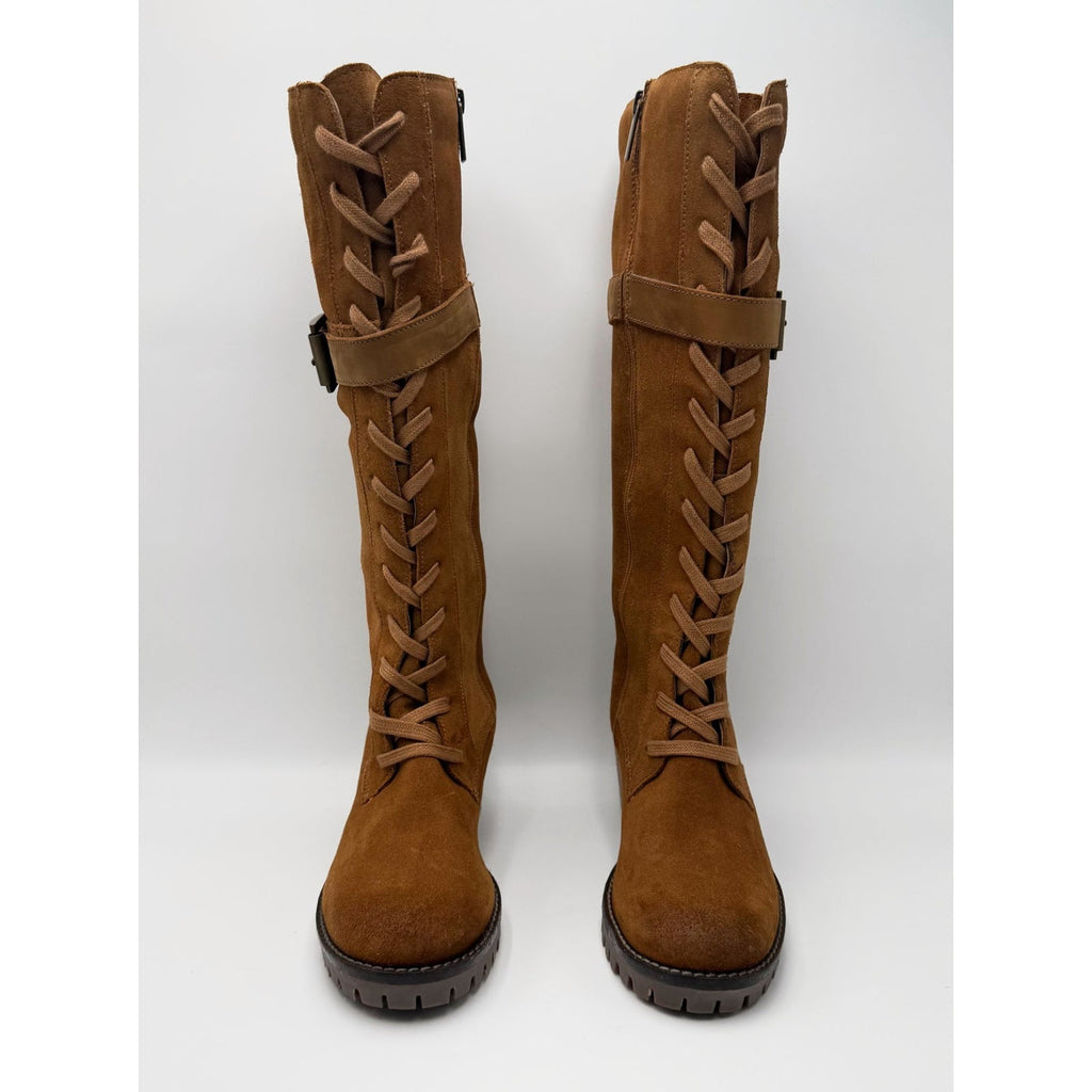Vintage Foundry Womens Naomi Lace Up Knee High Boots Size 7 EU 37 Tan Suede NWOB