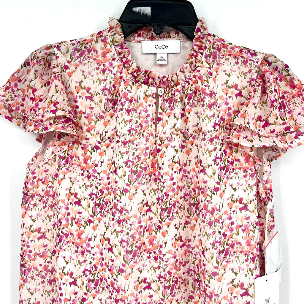 CECE Women's Ruffled Blouse XS Pink Floral Keyhole-Neck Flutter-Sleeve NWT