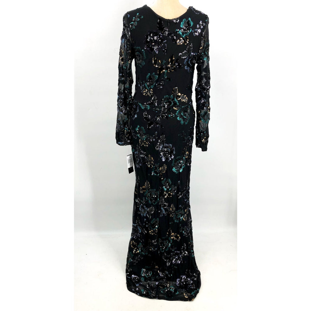 BETSY & ADAM Long Long Sleeve Floral Sequin Gown Size 12 Black & Teal NWT