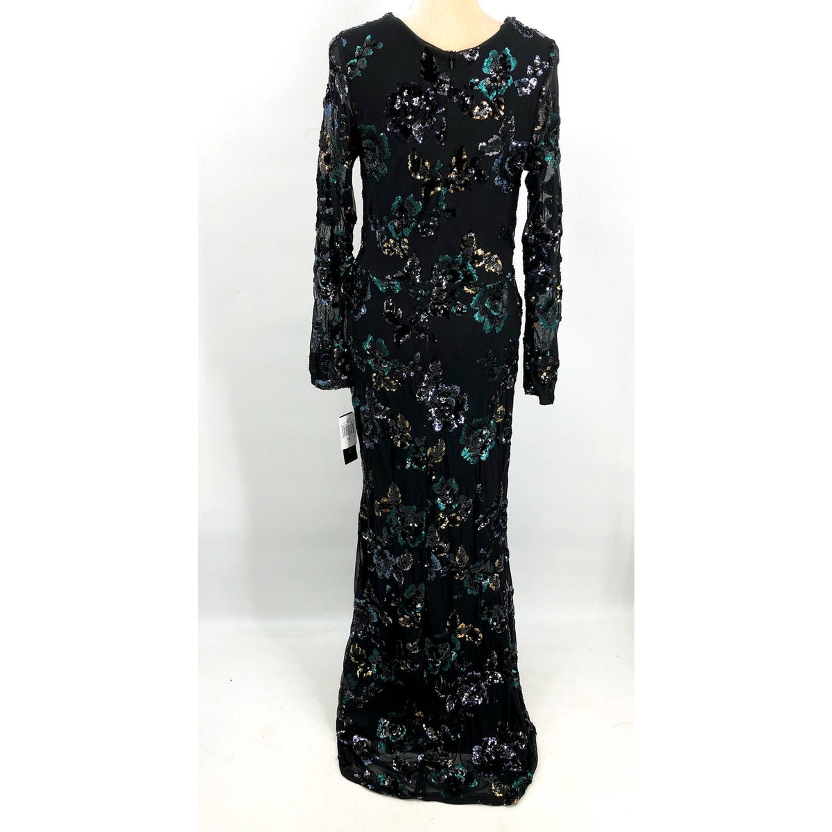 BETSY & ADAM Long Long Sleeve Floral Sequin Gown Size 12 Black & Teal NWT