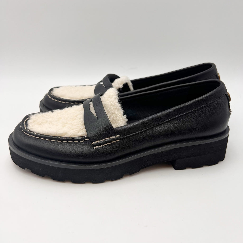 Sperry Womens Chunky Penny Loafers Size 6.5 M Black Leather Shearling Top NWOB