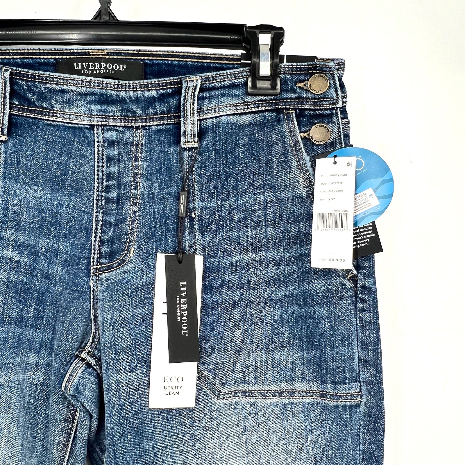 LIVERPOOL Womens Easy Utility Jeans Size 27 US 4 Blue Macbride Side Button NWT