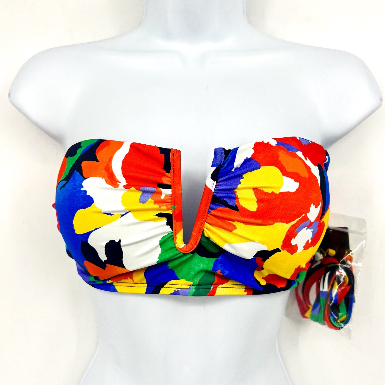LAUREN RALPH LAUREN Floral V Wire Bandeau Bikini Top SZ 14 Red Blue Abstract NWT