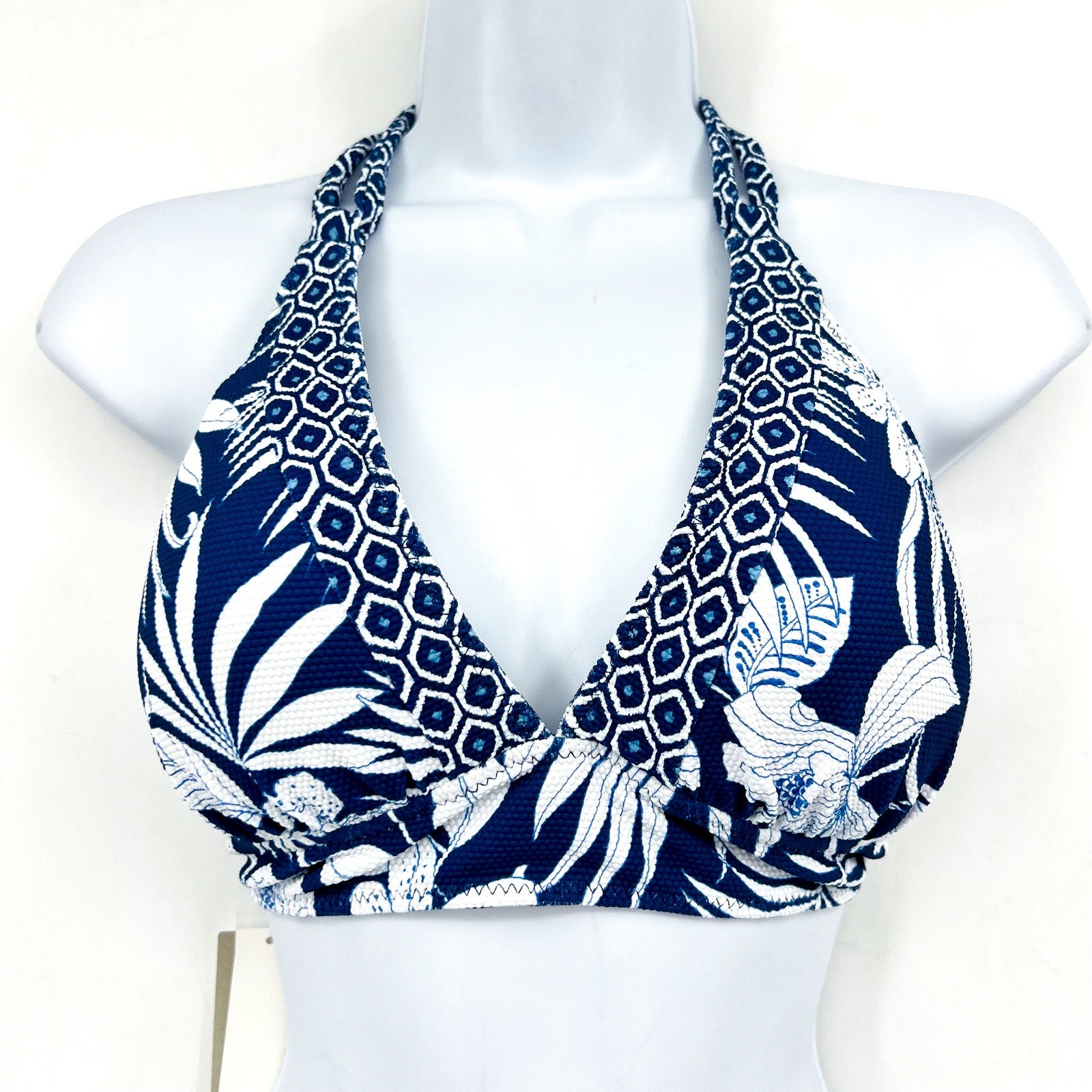 TOMMY BAHAMA Island Cays Halter Bikini Top Large Blue Blooms Reversible NWT