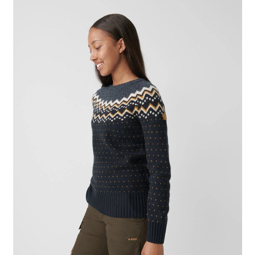 FJALLRAVEN Womens Ovik Sweater Medium Blue Dark Navy Fairisle Wool Crewneck NWT