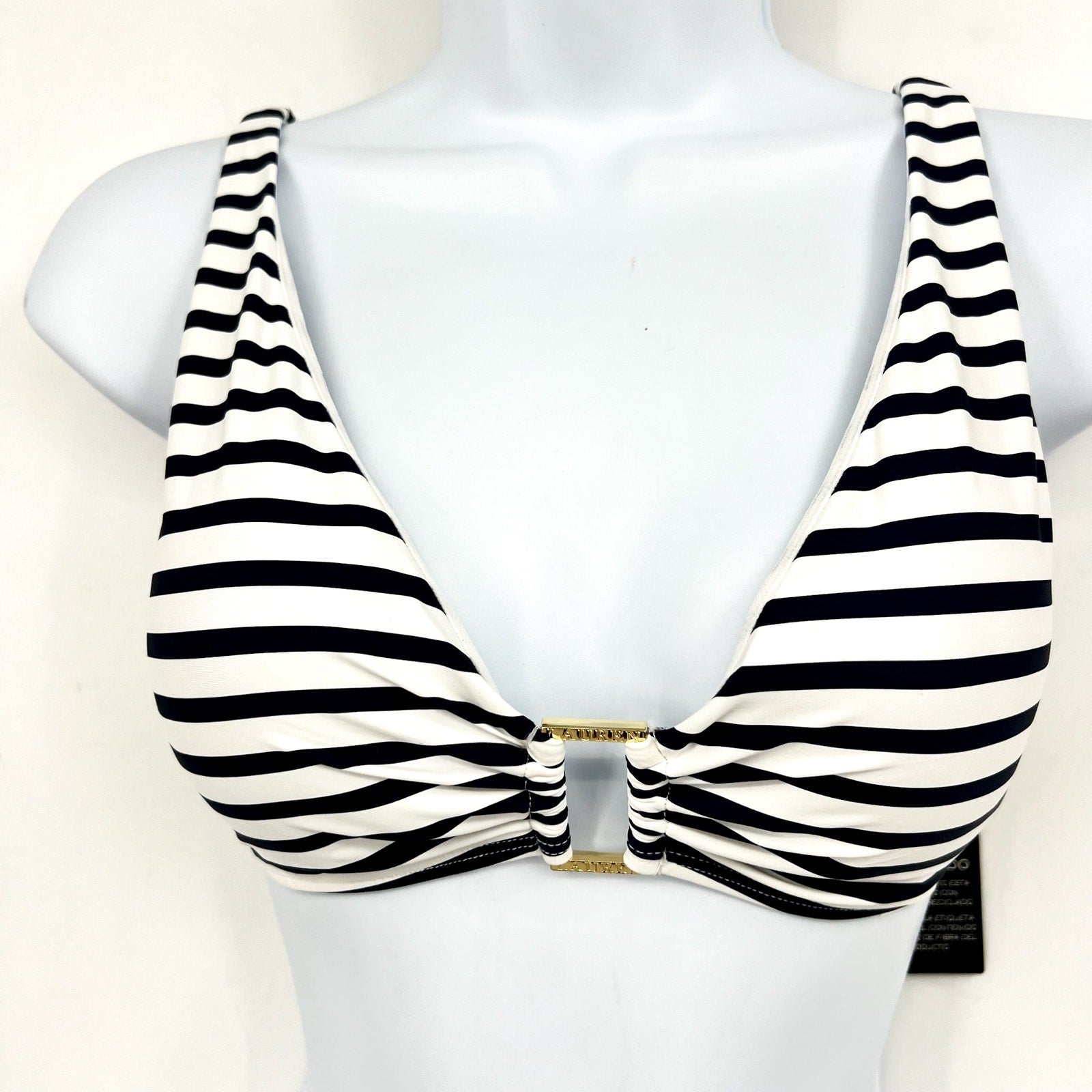 LAUREN RALPH LAUREN Luxe Ring Front Bikini Top Size 8 Navy Blue White Stripe NWT