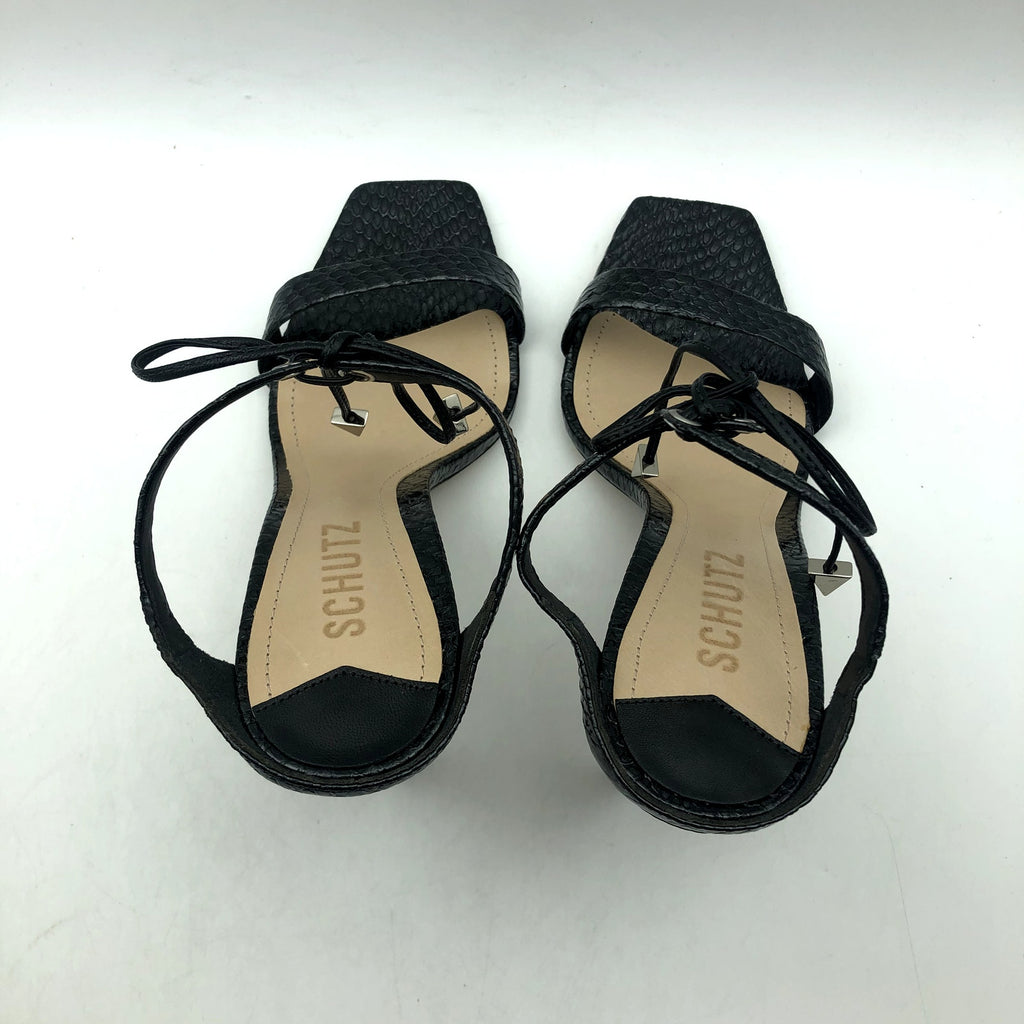 SCHUTZ Womens Mavis Heel Sandals Size 5 B Black Snake Shine Leather NIB