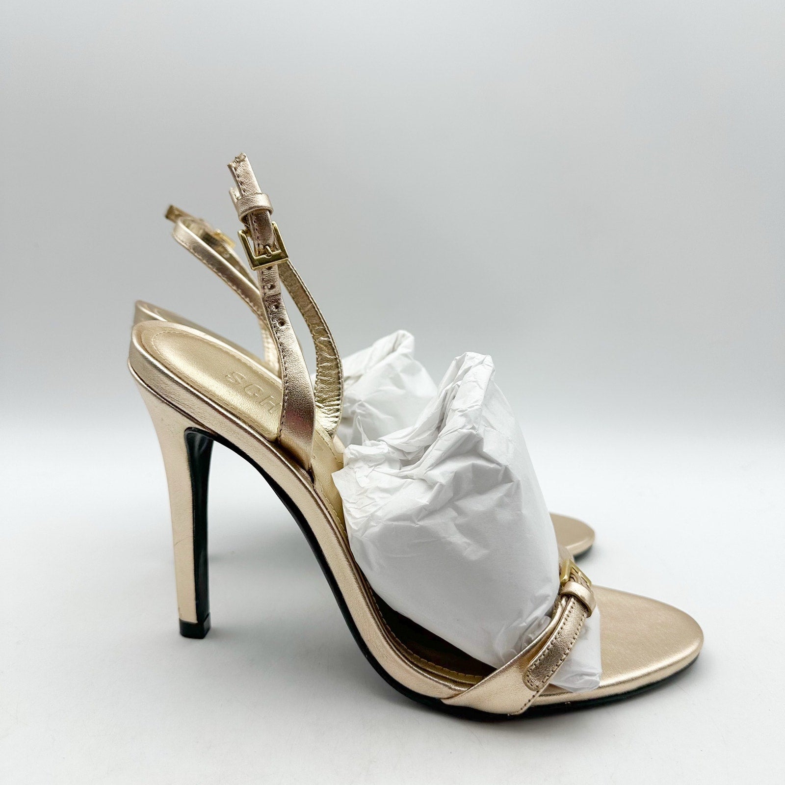 SCHUTZ Womens Aurora Sling Heeled Sandals Size 7.5 Platina Gold Stiletto NWOB