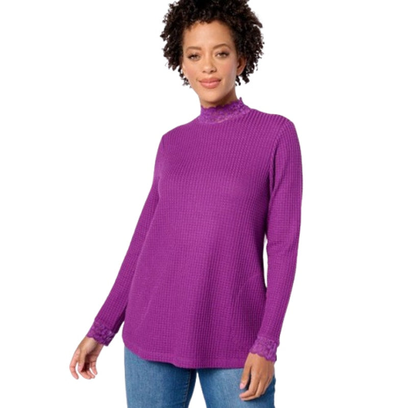 LOGO LORI GOLDSTEIN Metallic Waffle Knit Top Medium Purple Long Sleeve NWOT