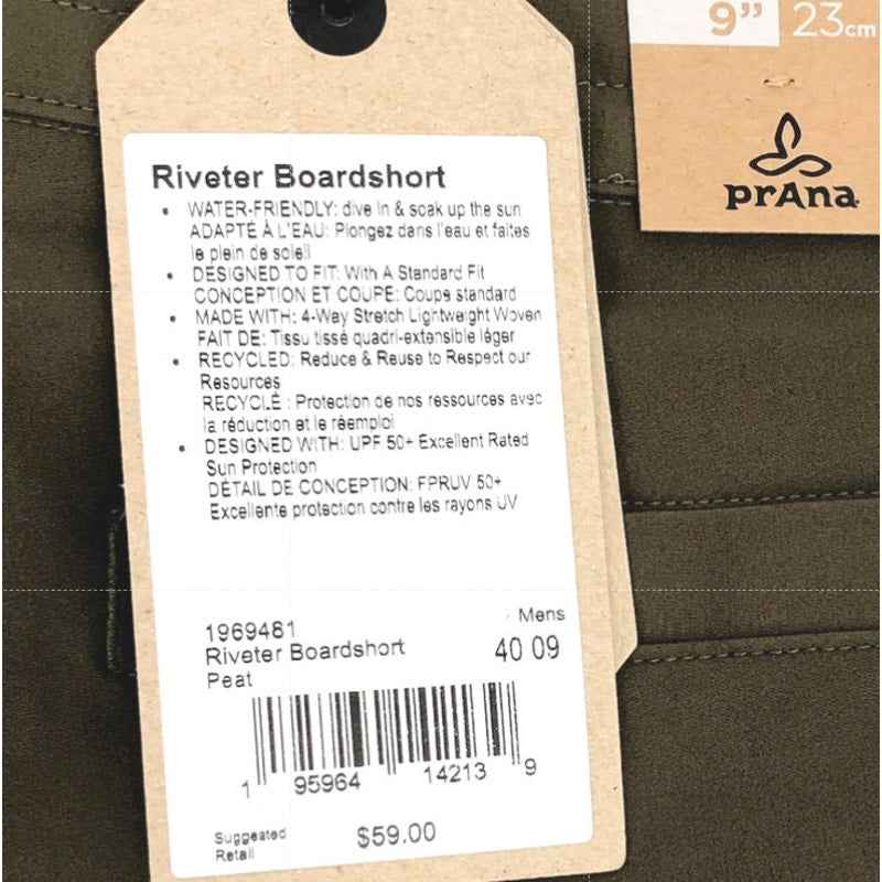 PRANA Men's Riveter Board Shorts Size 40 Peat Green 9" Inseam UPF 50+ NWT
