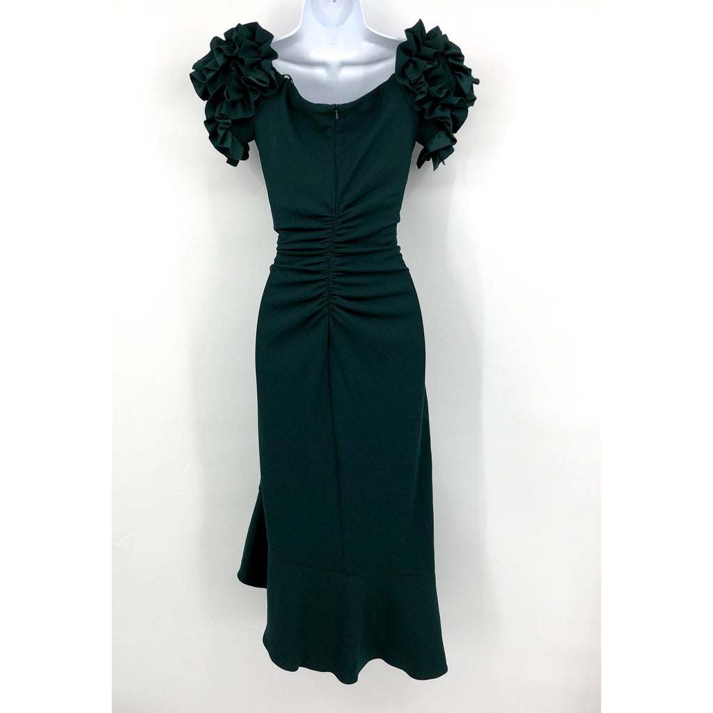 XSCAPE Women's Scuba Crepe Ruffle Midi Dress Size 6 Green Off the Shoulder NWT