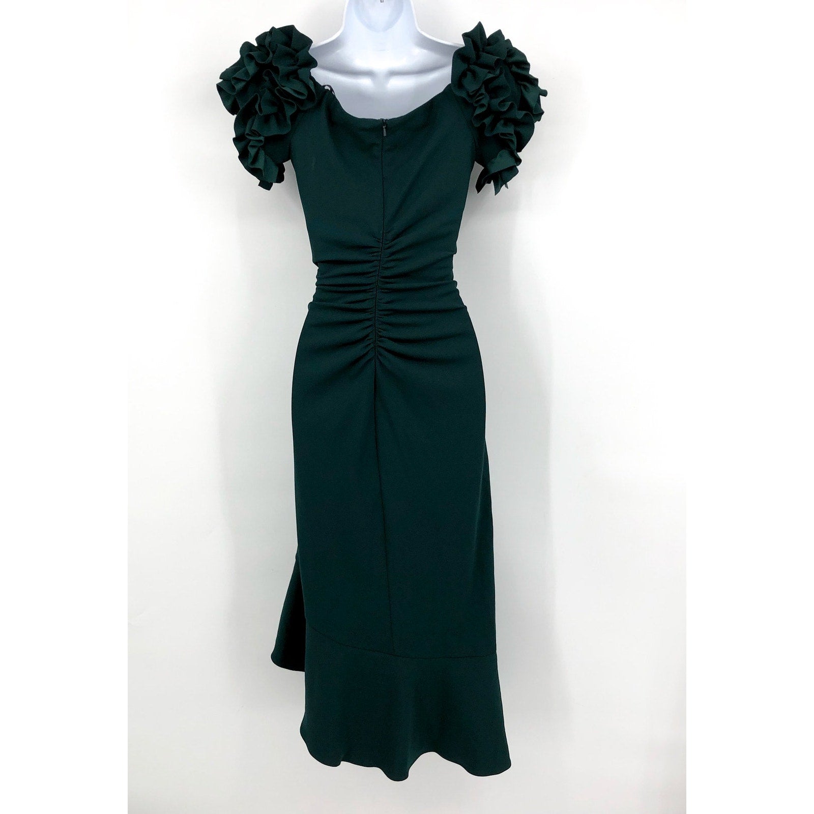 XSCAPE Women's Scuba Crepe Ruffle Midi Dress Size 6 Green Off the Shoulder NWT