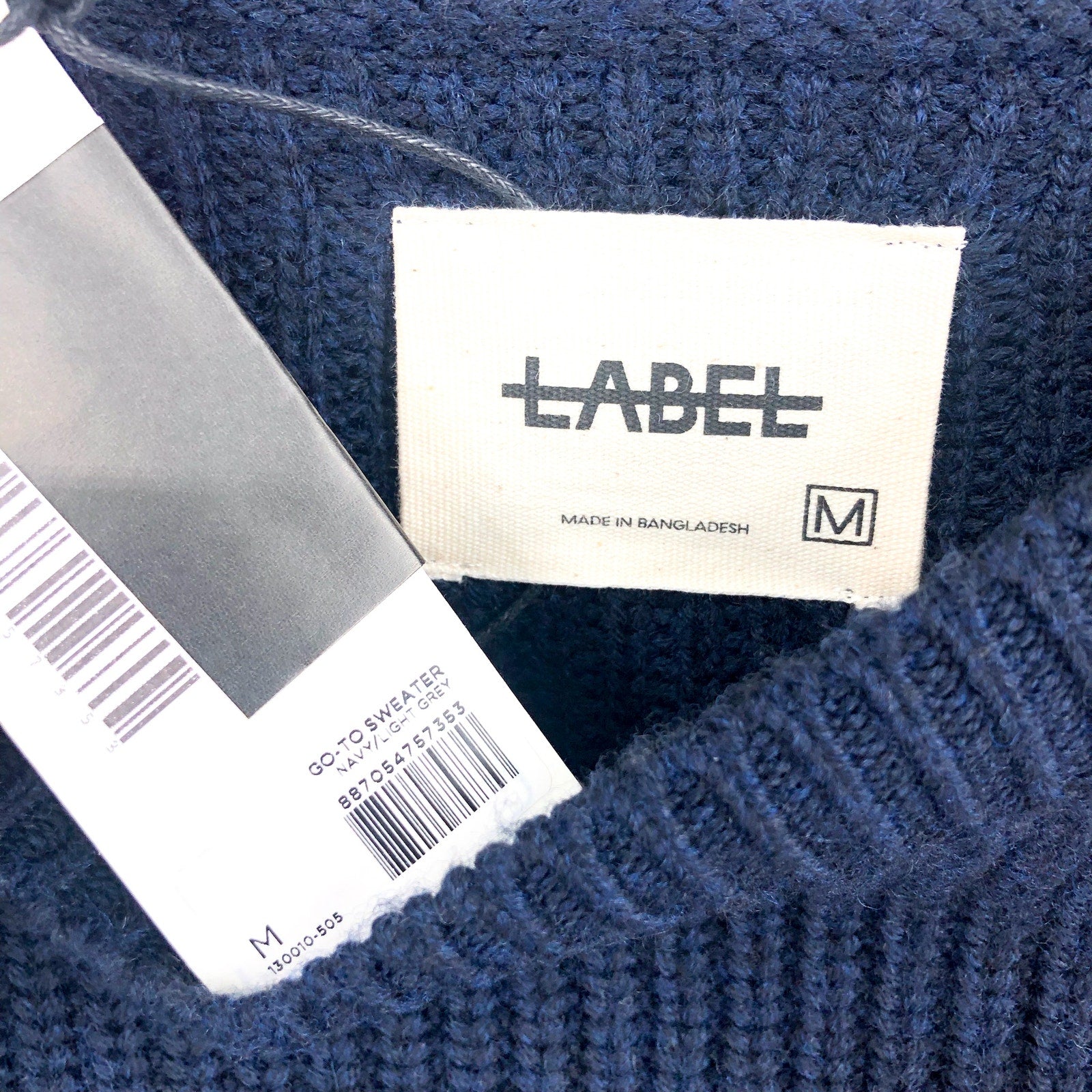 LABEL Mens Go-To Sweater Medium Navy Blue Grey Knit Crewneck Merino Wool NWT