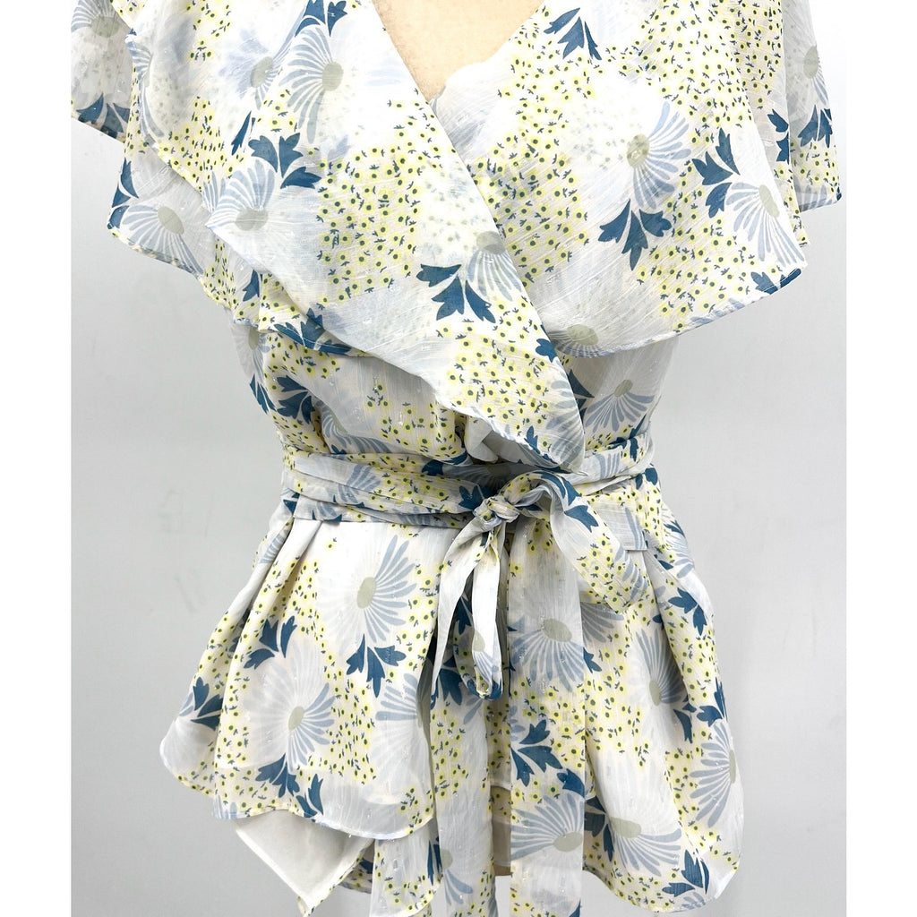 TED BAKER Women's Gemmiaa Wrap Top TED 3 US Large Sky Blue Floral Ruffle NWT