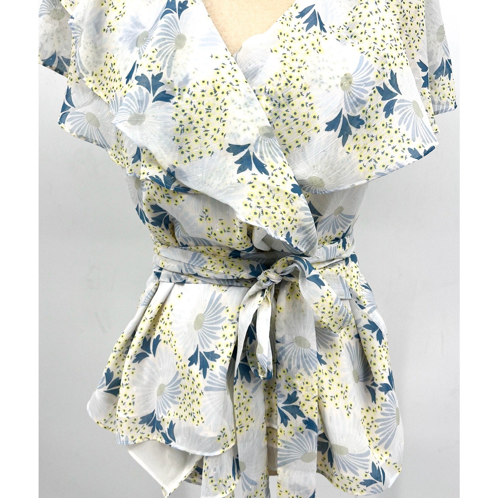 TED BAKER Women's Gemmiaa Wrap Top TED 3 US Large Sky Blue Floral Ruffle NWT