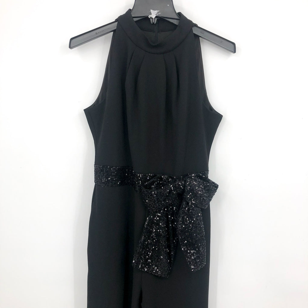 ELIZA J Sequin Bow Detail Sleeveless Jumpsuit SIZE 6 Black Tie Neck NWT