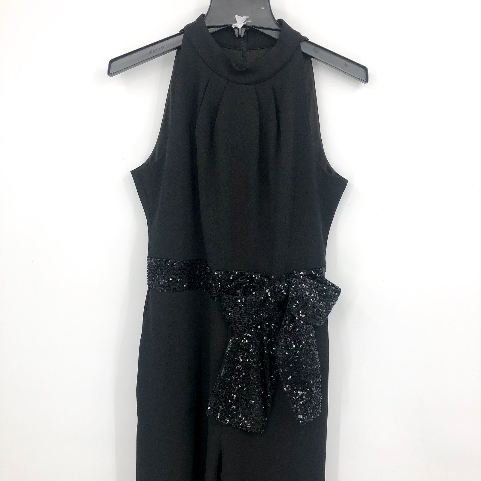 ELIZA J Sequin Bow Detail Sleeveless Jumpsuit SIZE 6 Black Tie Neck NWT