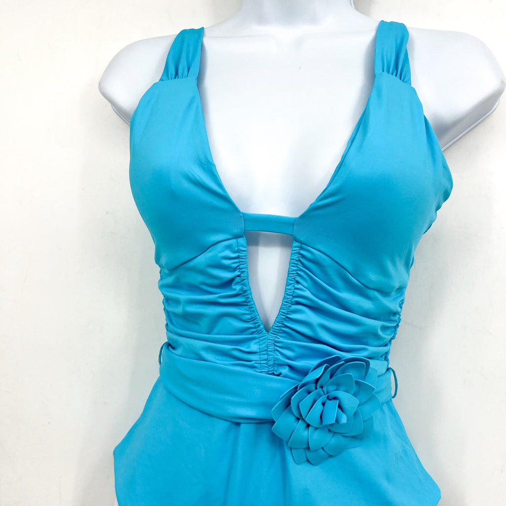BECCA Garden Of Eden Magnolia Plunge One Piece Swimsuit Large Pool Blue NWT