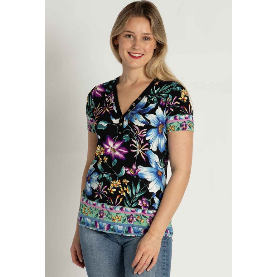 JOHNNY WAS The Janie Favorite Henley Tee Large Jumono Black Short Sleeve NWT